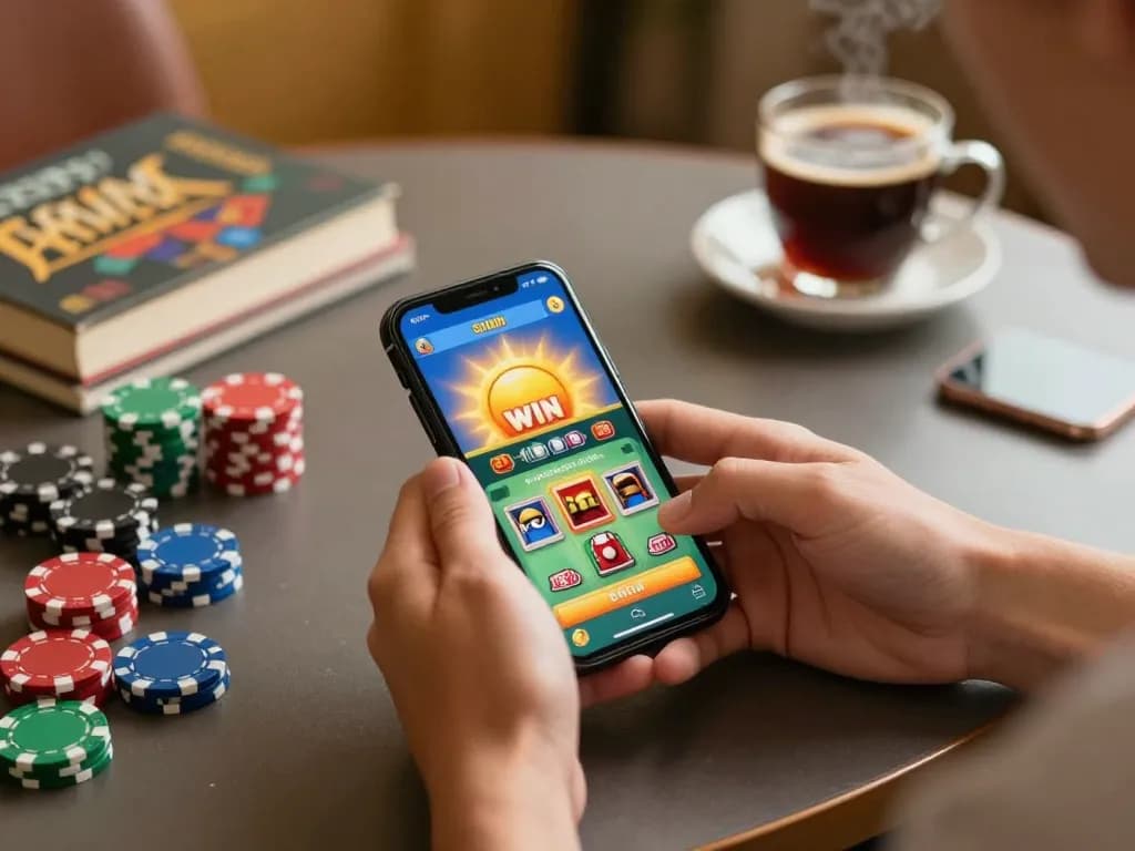Engaging in sun win mobile gaming with smartphone showcasing casino interface, creating a lively atmosphere
