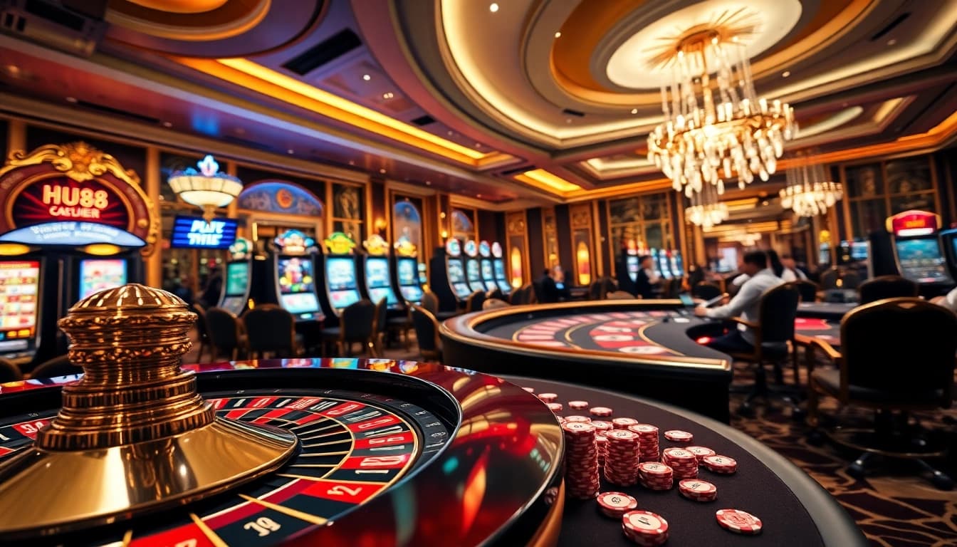 Players enjoy thrilling HU88 games at a lavish casino with roulette and slot machines.