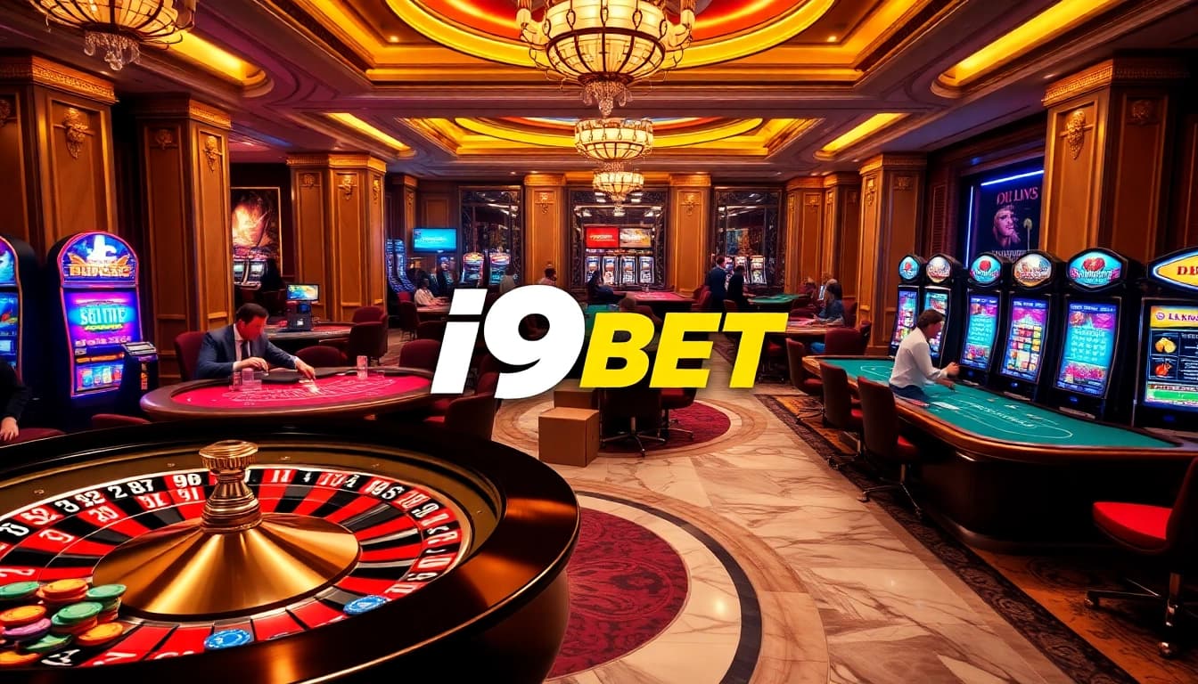 I9BET casino scene featuring roulette wheel, engaged players, and vibrant slot machines.