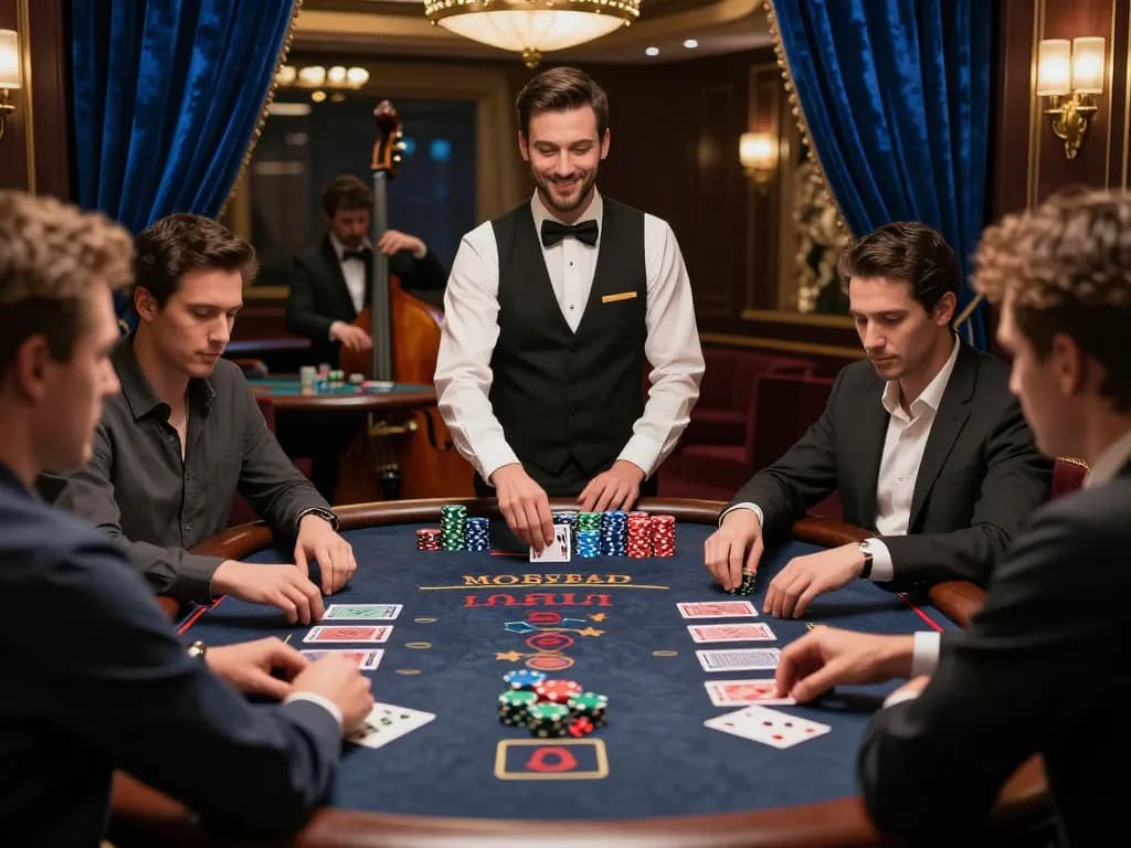 Engaged players strategizing at a blackjack table in 23WIN casino, vibrant atmosphere.