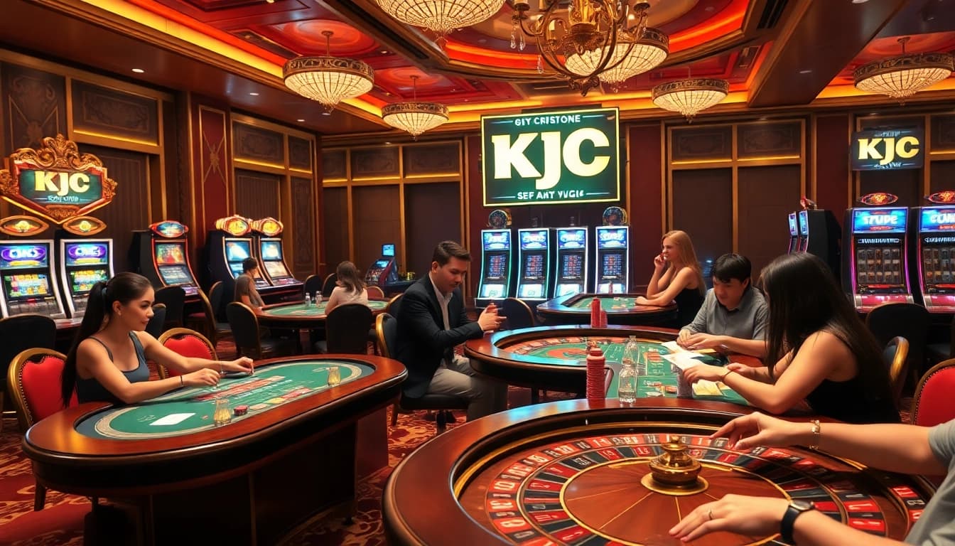 KJC players enjoying a thrilling gaming experience at a luxurious casino with poker tables and vibrant slot machines.