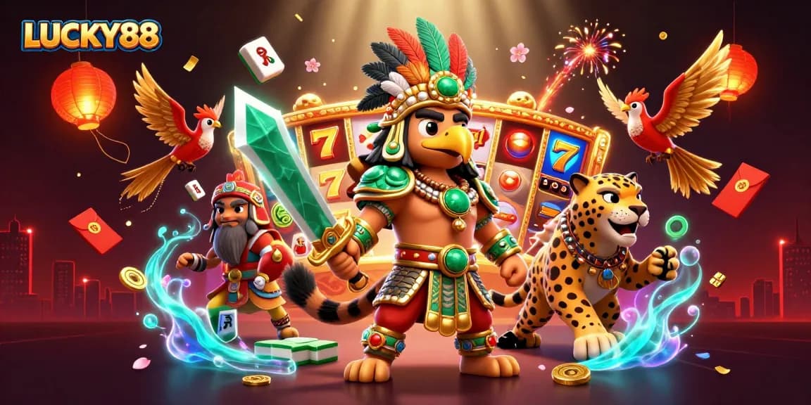 Spin the reels at LUCKY88 with a vibrant illustration of an Aztec warrior and slot game elements.