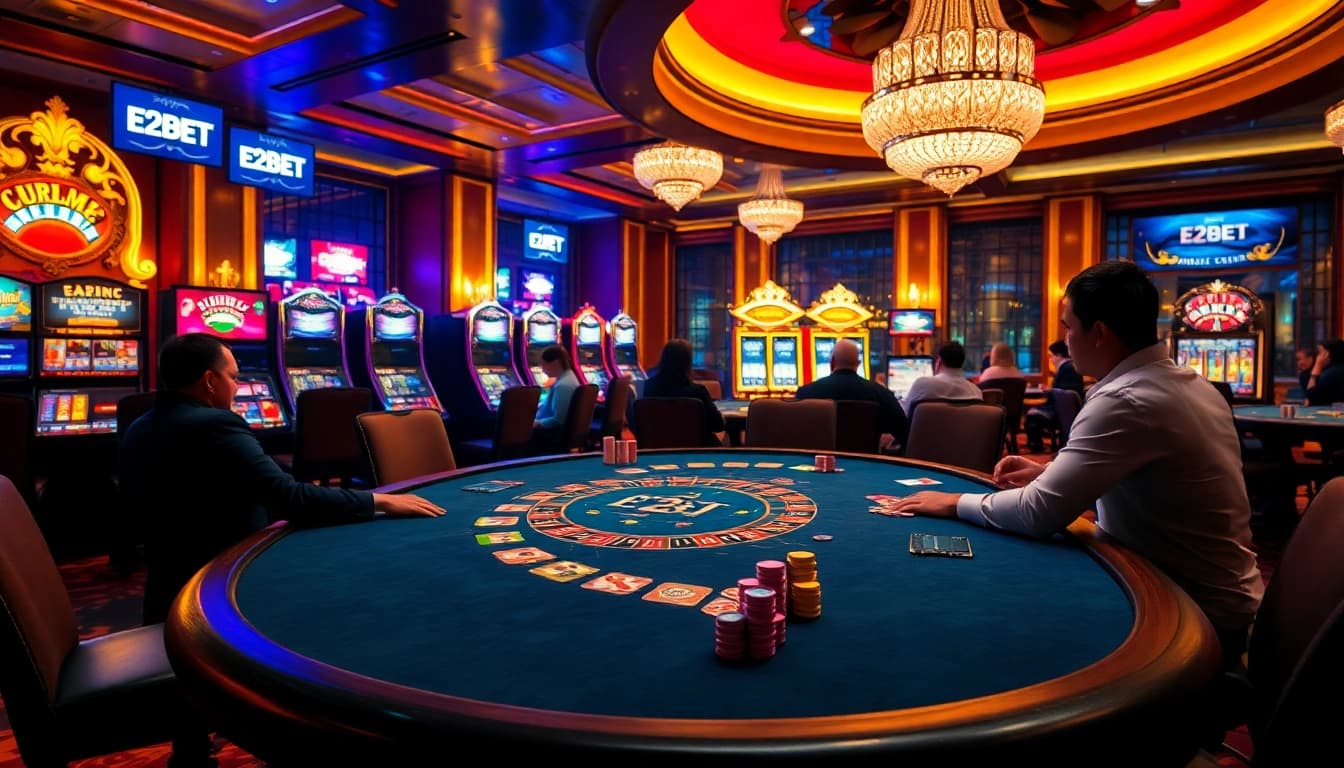 E2BET casino scene featuring exciting poker action and vibrant slot machines.