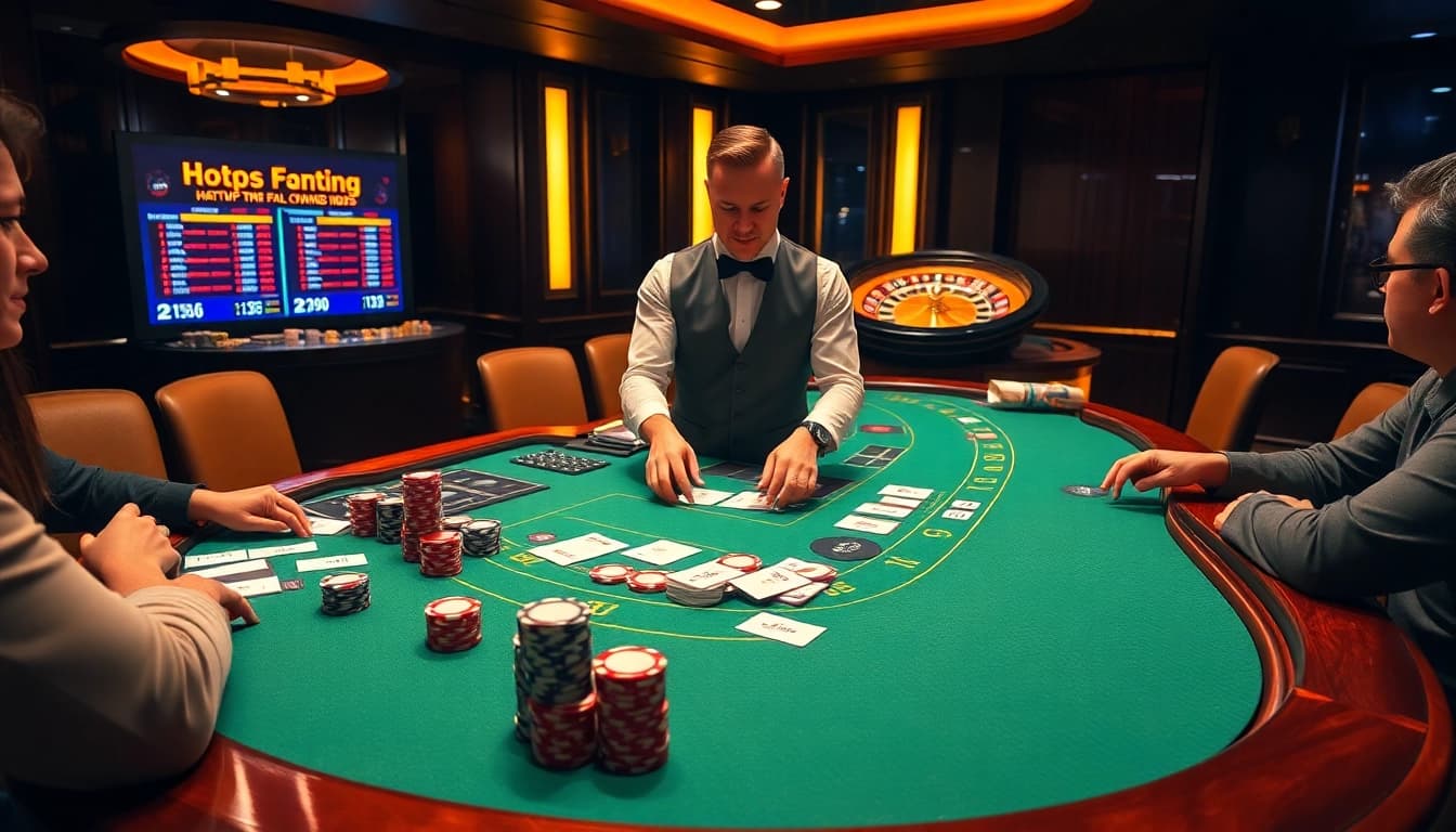 Skilled dealer managing blackjack chips and cards with https://tg88.actor/ odds display in a luxurious casino scene