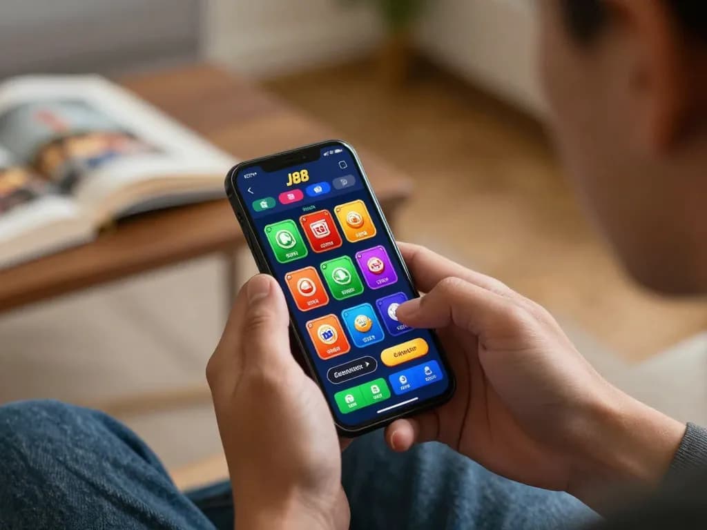 Player utilizing the J88 app for a strategic gaming session in a comfortable home setting