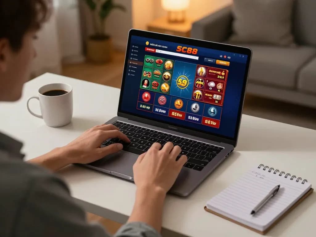 Player engaging with SC88 online casino in a cozy home environment, focused on gameplay.
