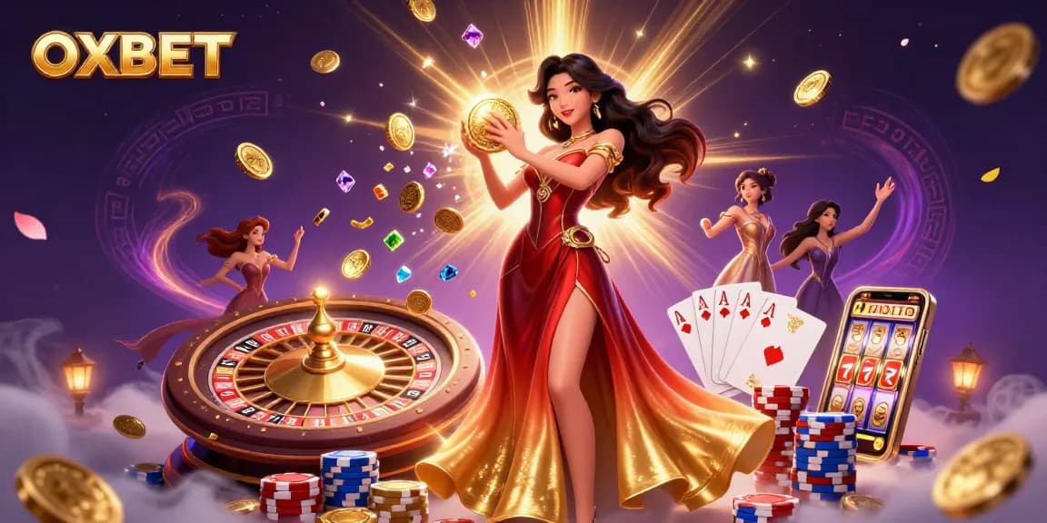 Experience OXBET with this vibrant 3D casino scene showcasing a stunning Asian woman and dynamic game elements.