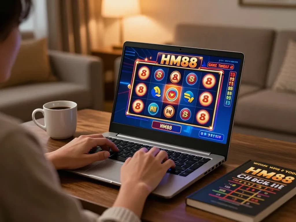 Player enjoying HM88 online slots on a laptop, showcasing responsible gambling in a cozy setting