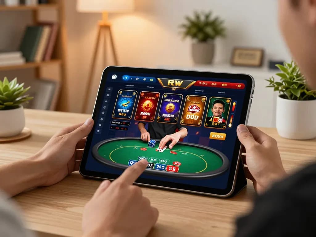 Engaged player strategizing on https://ok365.best/ casino app with tablet at home, cozy ambiance.