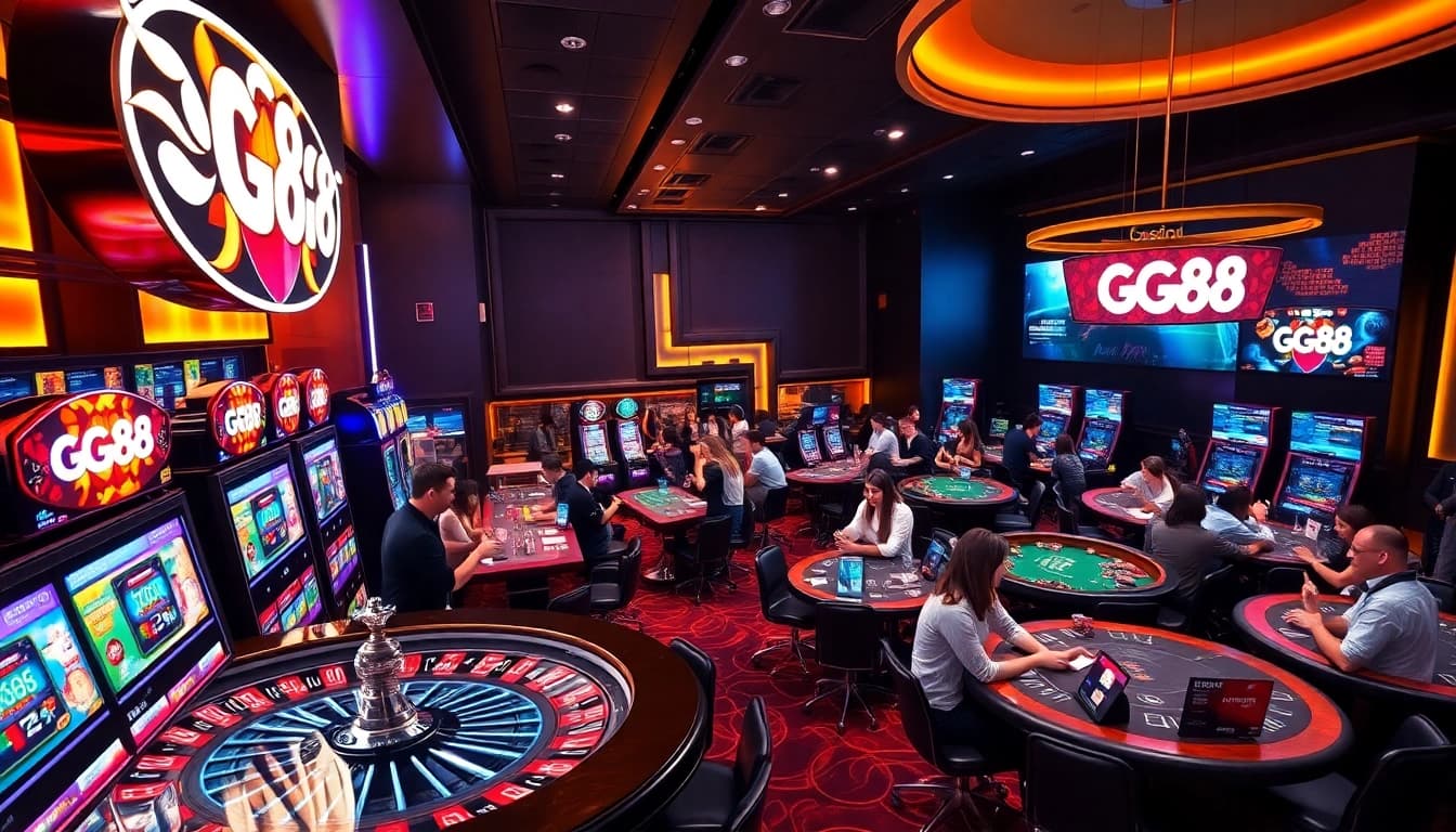Exciting GG88 casino gaming scene with vibrant slots, tables, and players enjoying games.