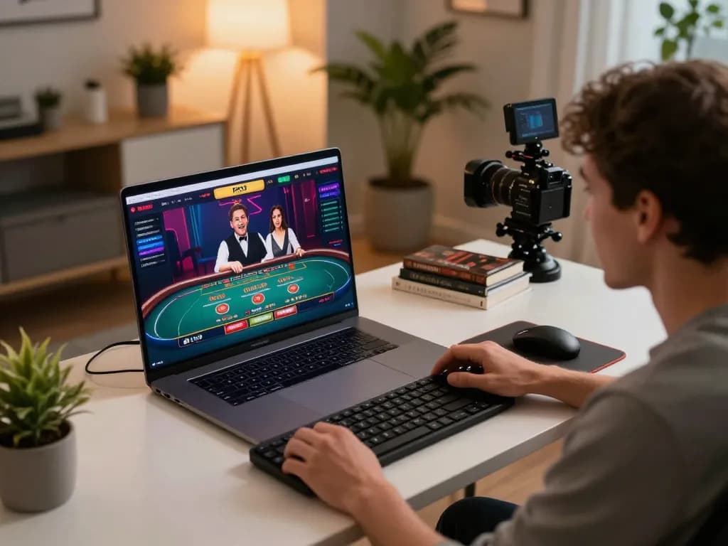 Engaging PH33 player enjoying live casino games on a stylish home office setup.