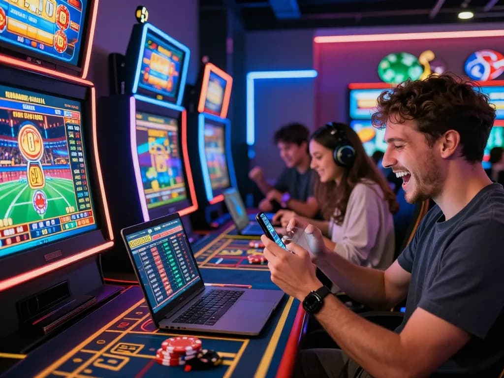 Exciting gaming experience on QE8 platform with players celebrating wins and engaging in betting activities online, showcasing vibrant visuals and modern interfaces.