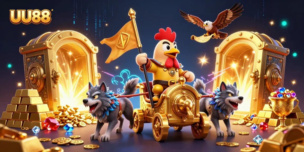 UU88 gameplay illustrating a dynamic 3D scene with a rooster warlord and golden treasures.