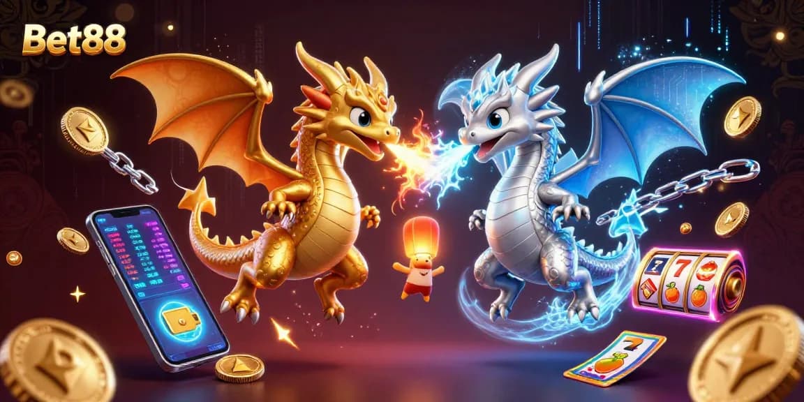 Engage with Bet88's immersive 3D casino scene featuring dragons, slot elements, and cryptocurrency.