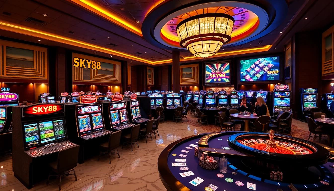 Experience the thrill of SKY88 with vibrant slot machines and luxurious casino tables.