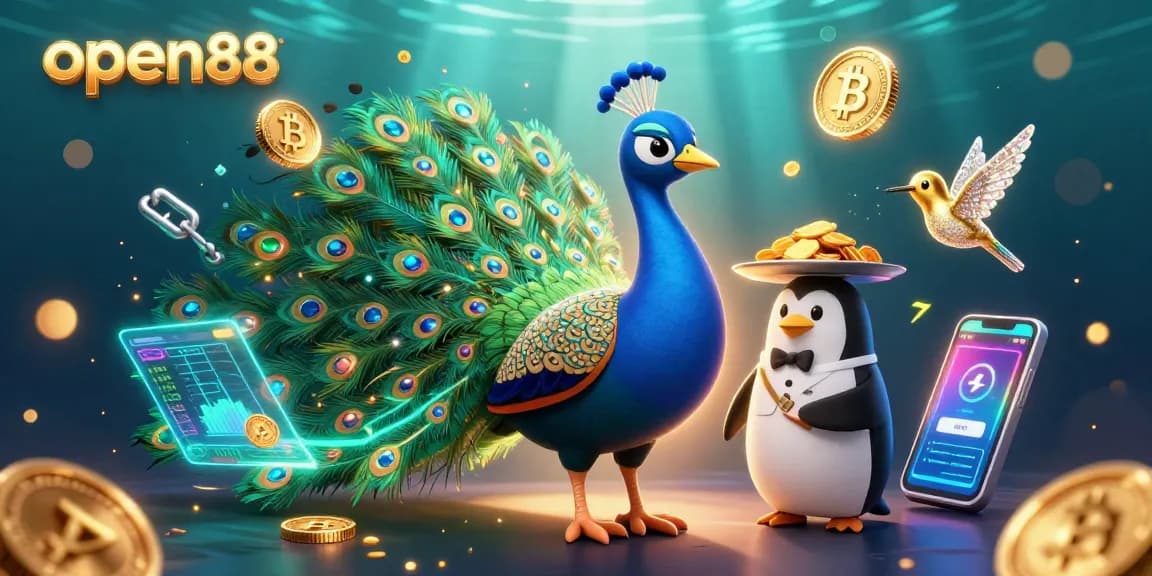 Experience excitement at open88 with unique characters enjoying casino games and cryptocurrency elements