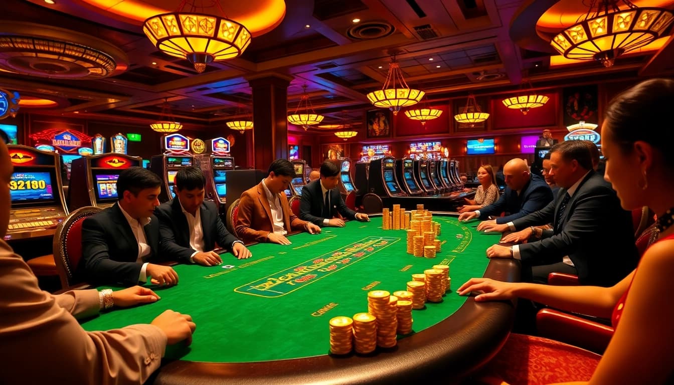 A vibrant casino scene showcasing players engaged at the poker table, highlighting the excitement at https://kubetz.dev/ with golden chips and colorful slot machines.