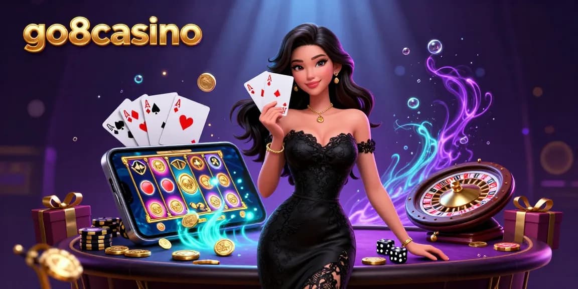 Win big at go8casino with a captivating scene of an elegant Asian woman holding playing cards in a luxurious casino.