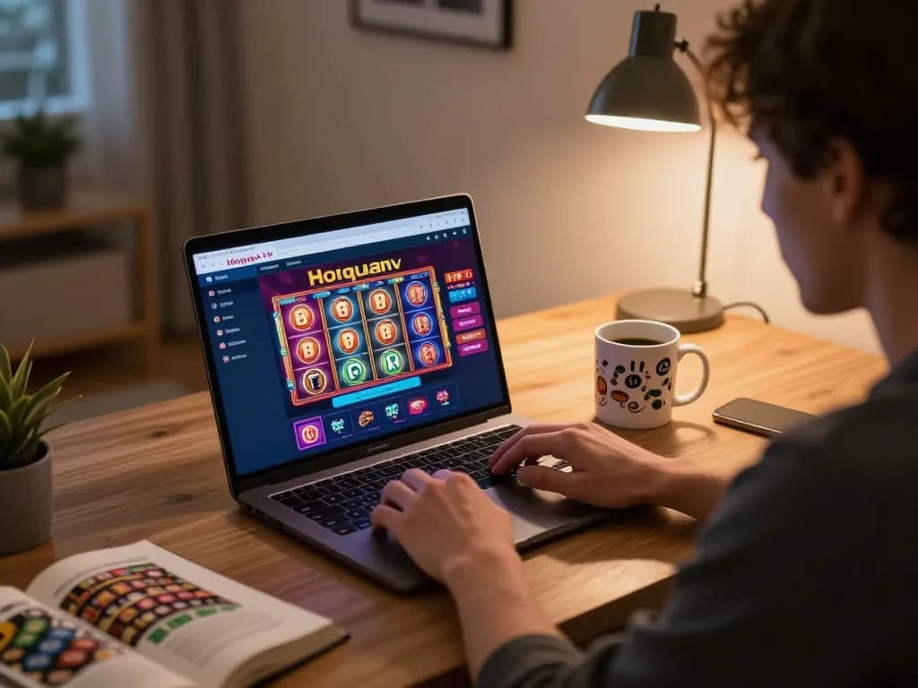 Engaging in online gaming with Hoiquantv slot machines illustrated on the laptop screen.