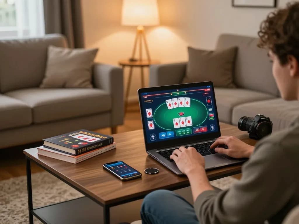 Exciting online gambling moment at Luckywin, showcasing poker gameplay on laptop in cozy living room.
