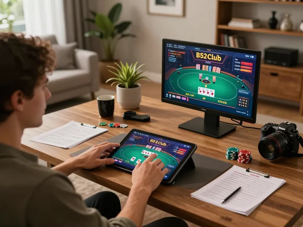 B52club player engaged in strategic online poker betting session at home with tablet and chips.