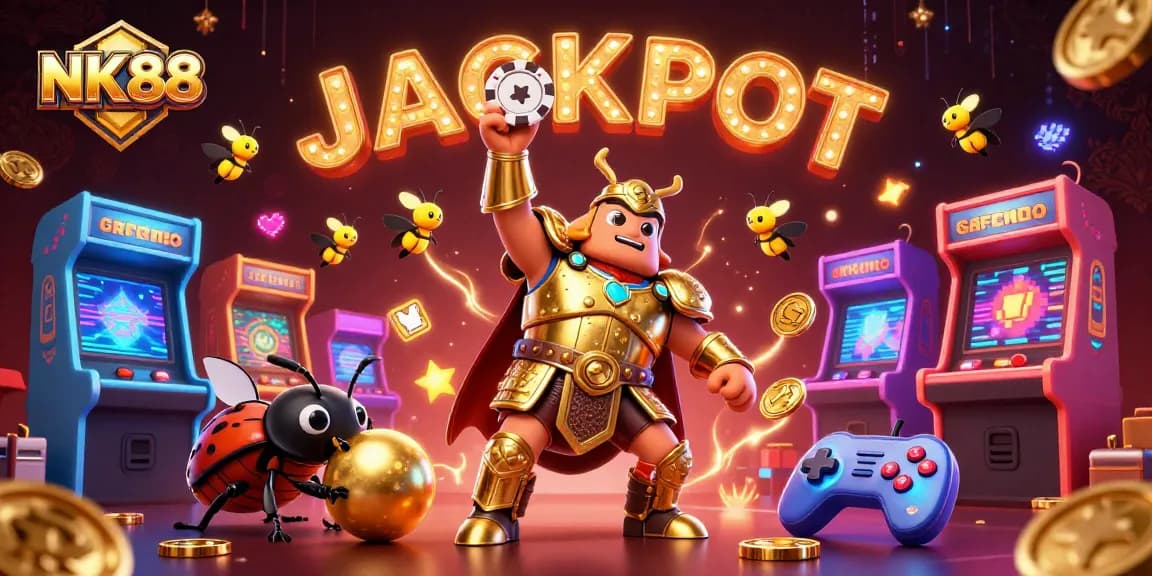 Engage in thrilling gameplay at NK88, where beetle heroes celebrate big wins amidst vibrant casino elements.