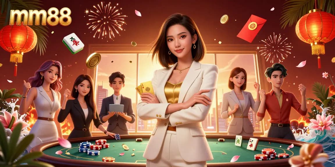 Enjoy thrilling gameplay at mm88, where a confident Asian woman showcases poker skills amid vibrant casino elements.