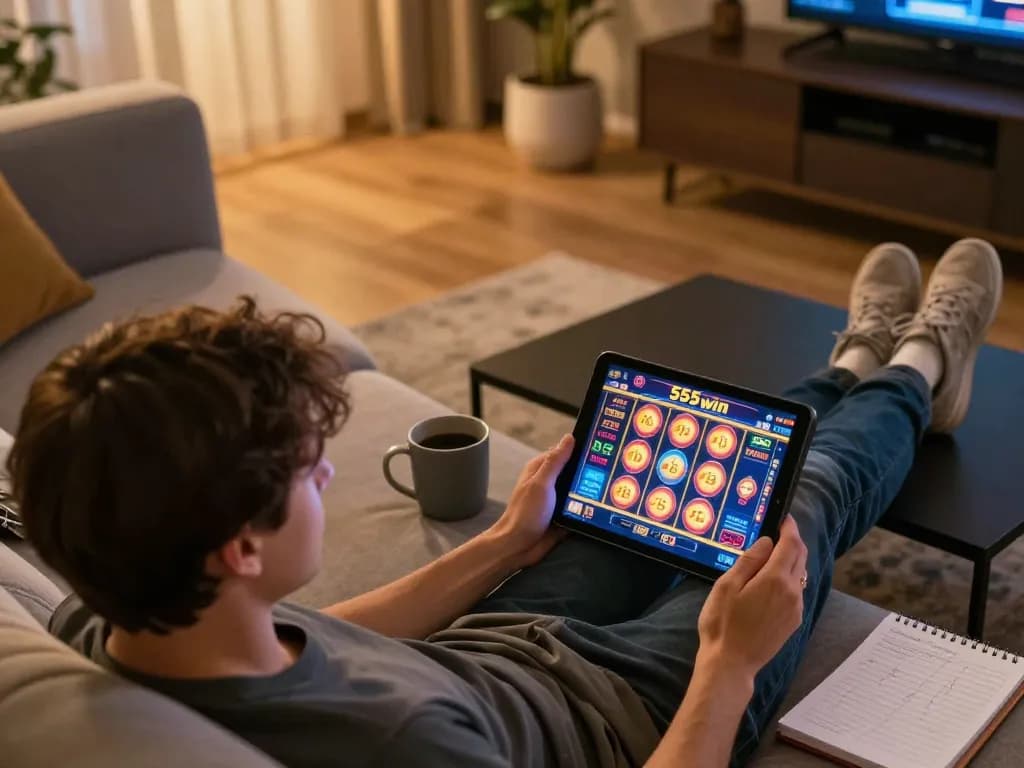 Player enjoying slots on 555win tablet in a cozy home setting