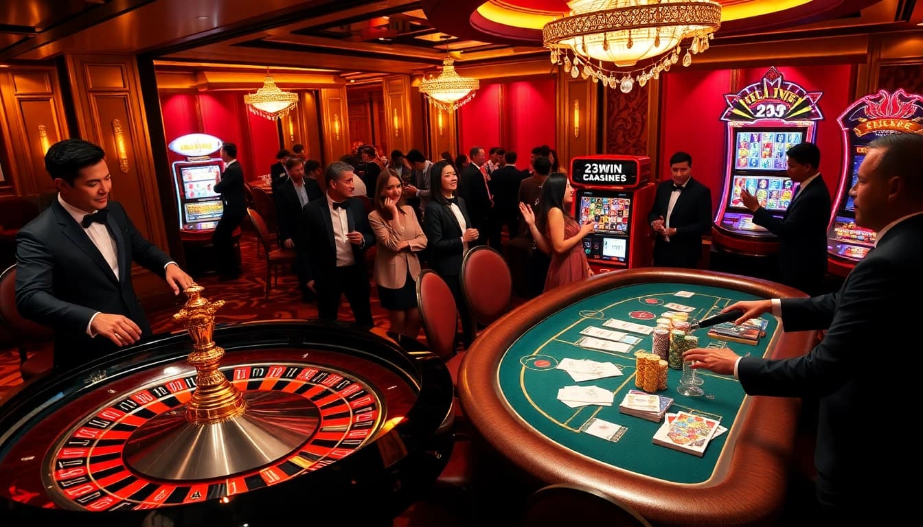 Experience the excitement at 23win with players at a stylish poker table and vibrant casino atmosphere.
