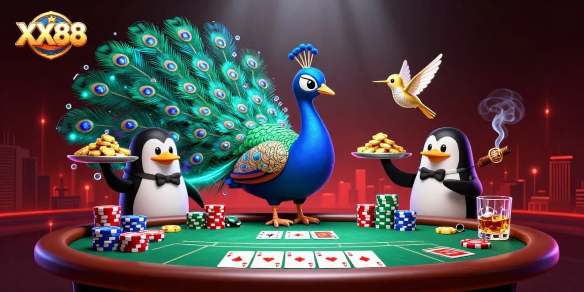Experience high-stakes poker action at XX88 with a vibrant casino scene featuring colorful chips and game elements.