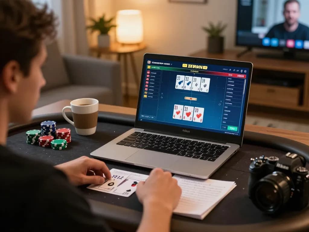 Player strategizing on 33WIN poker game from home, displaying gameplay and notes for optimal betting.