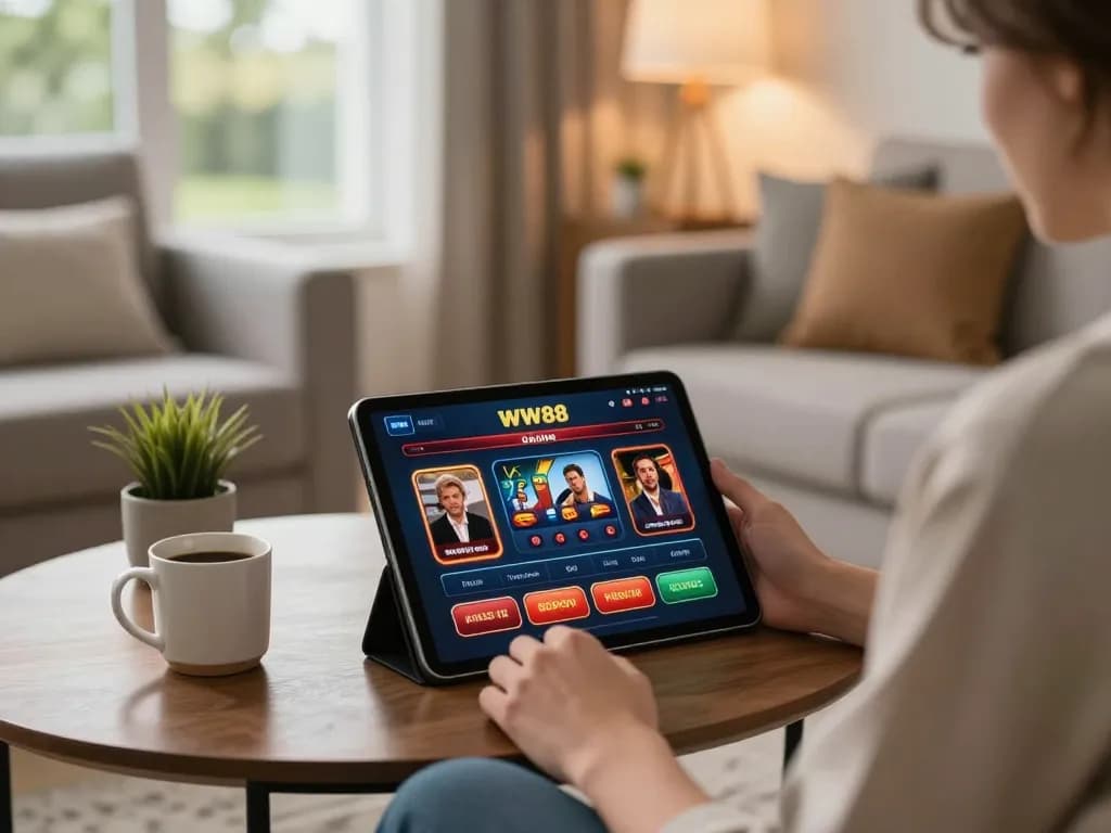 Enjoying online gaming at home through WW88 tablet interface in a stylish, cozy environment.