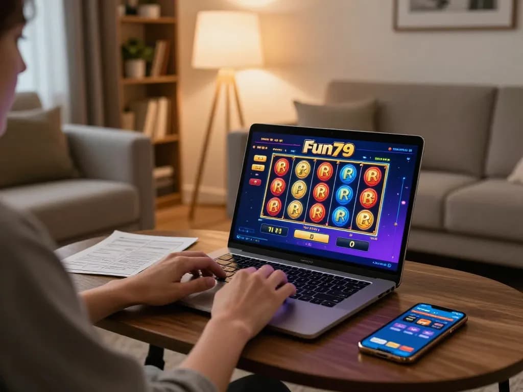 Engaged user playing Fun79 online slots on a laptop in a cozy home setting with strategy notes.