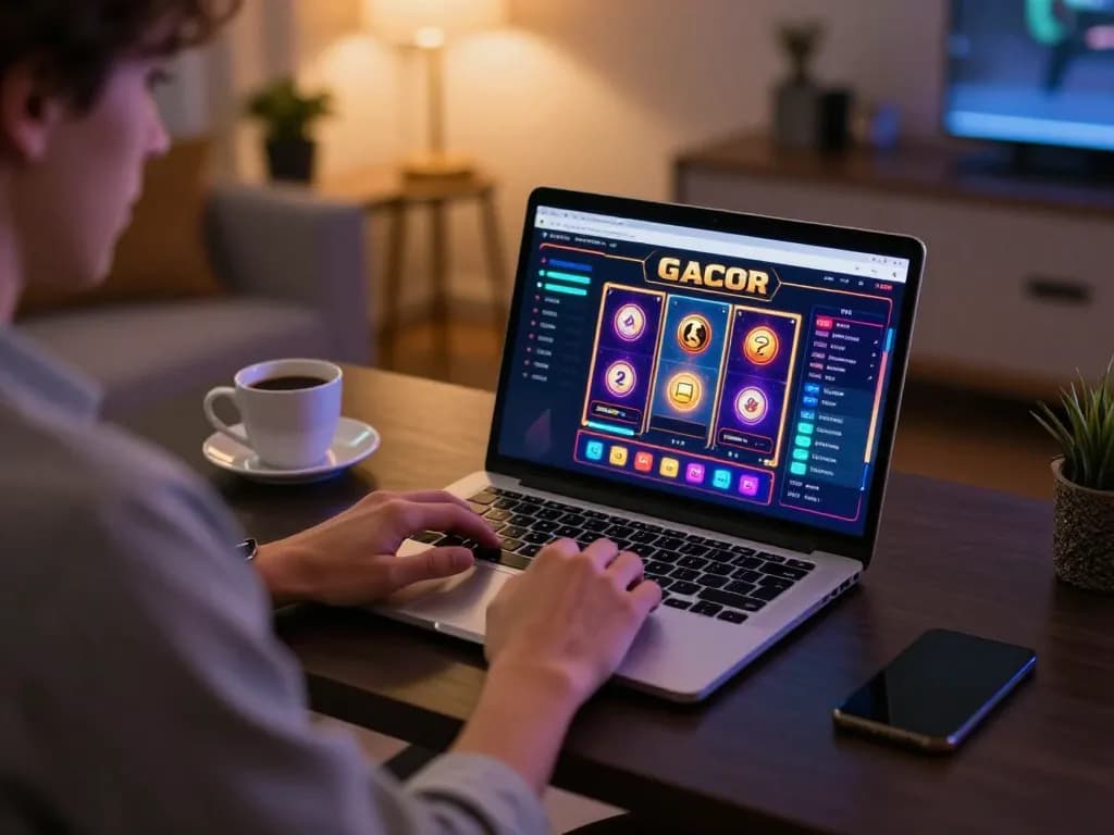 Engaging in Slot Gacor online gaming session at home setup, showcasing strategic focus on interface.