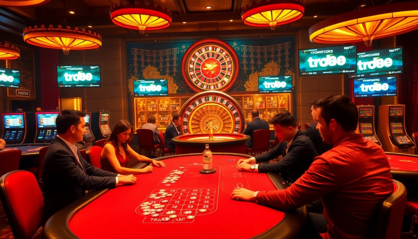 Experience the thrill of gambling at TR88 with players at a poker table amid vibrant casino elements.