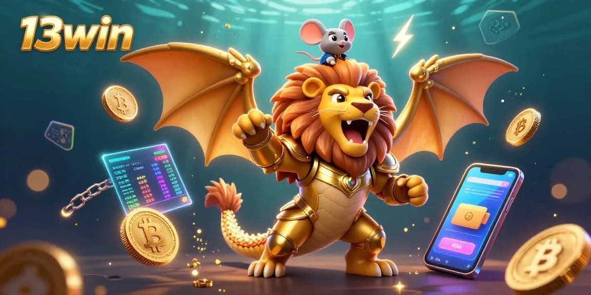 Engage with 13win in this vibrant 3D casino scene showcasing golden chimera and crypto elements.