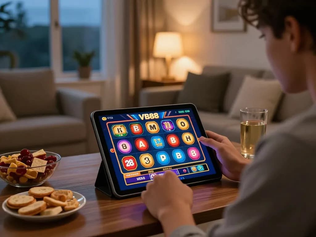 Player enjoying VB88 online gaming session on tablet in cozy home environment.