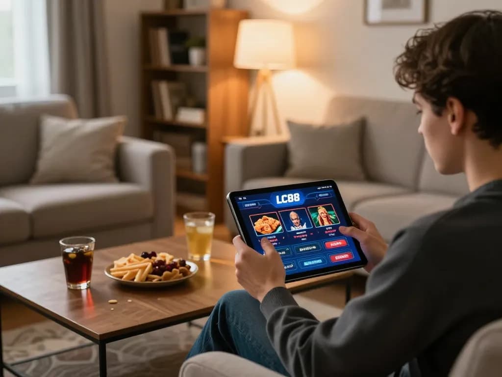 Engaging in mobile gambling with LC88 casino app during a cozy evening at home.