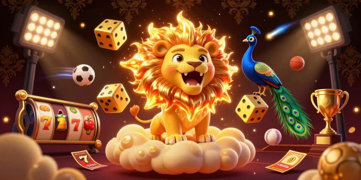 Experience thrilling slots with 88I's roaring sun lion surrounded by dynamic casino elements.