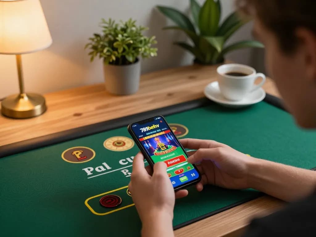 Engaging in online gaming with 789bethv app on smartphone at home for a relaxed gambling experience.