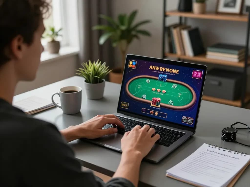 Playing live online poker at home while analyzing ty le keo nha cai strategies with a laptop.