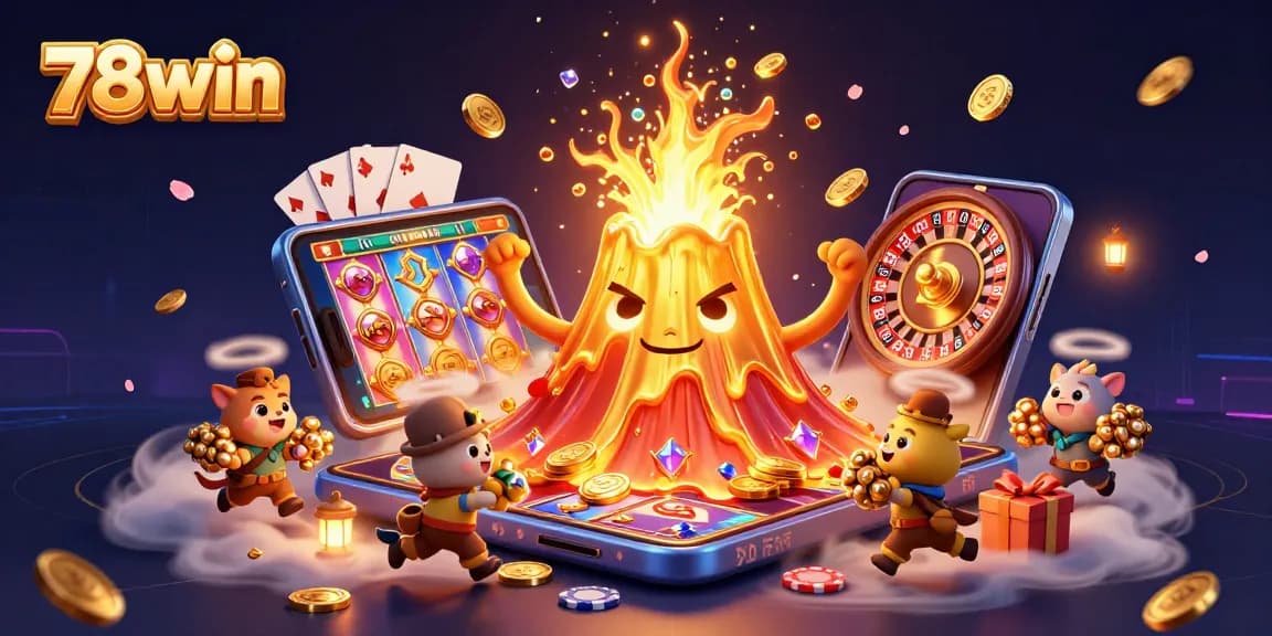 Engage with thrilling games at 78win amidst a flurry of vibrant casino art and animated characters.