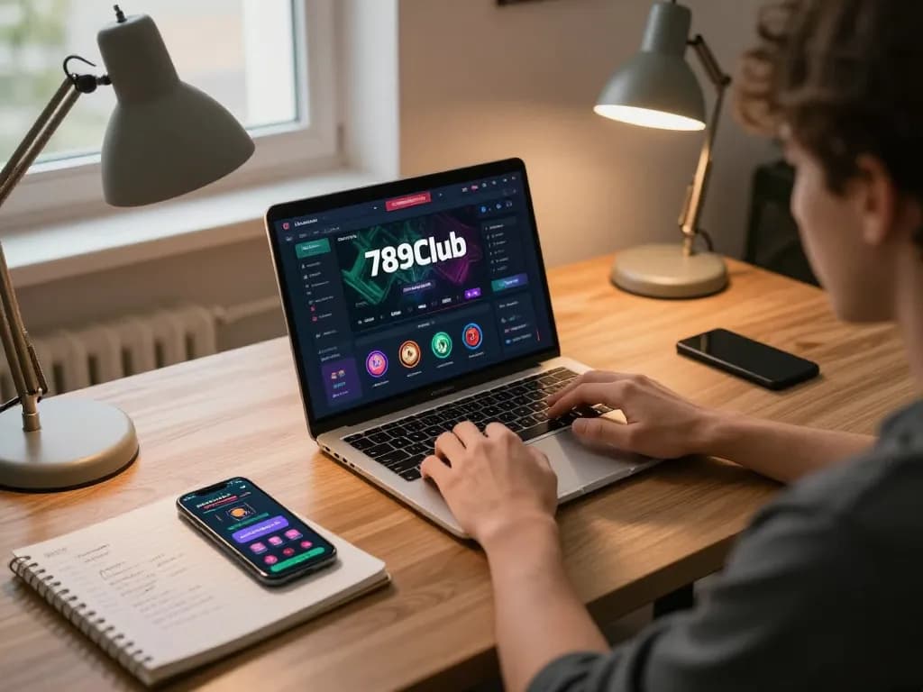 Player engaging with the 789club online gaming app on laptop, showcasing betting strategies in a home office