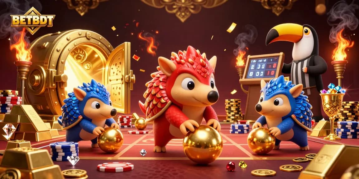 BETBDT features rival pangolins in a vibrant 3D casino scene, showcasing dynamic gambling action.