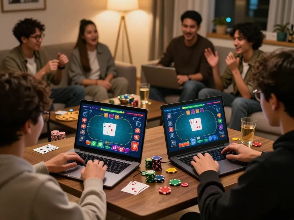 S666 players enjoying online poker together, showcasing a lively home gaming atmosphere and strategic gameplay.