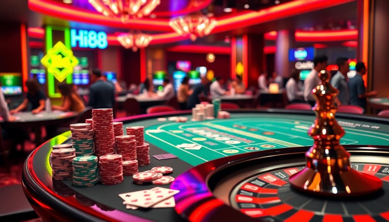 Hi88 gaming table with vibrant playing cards in an exciting casino setting.