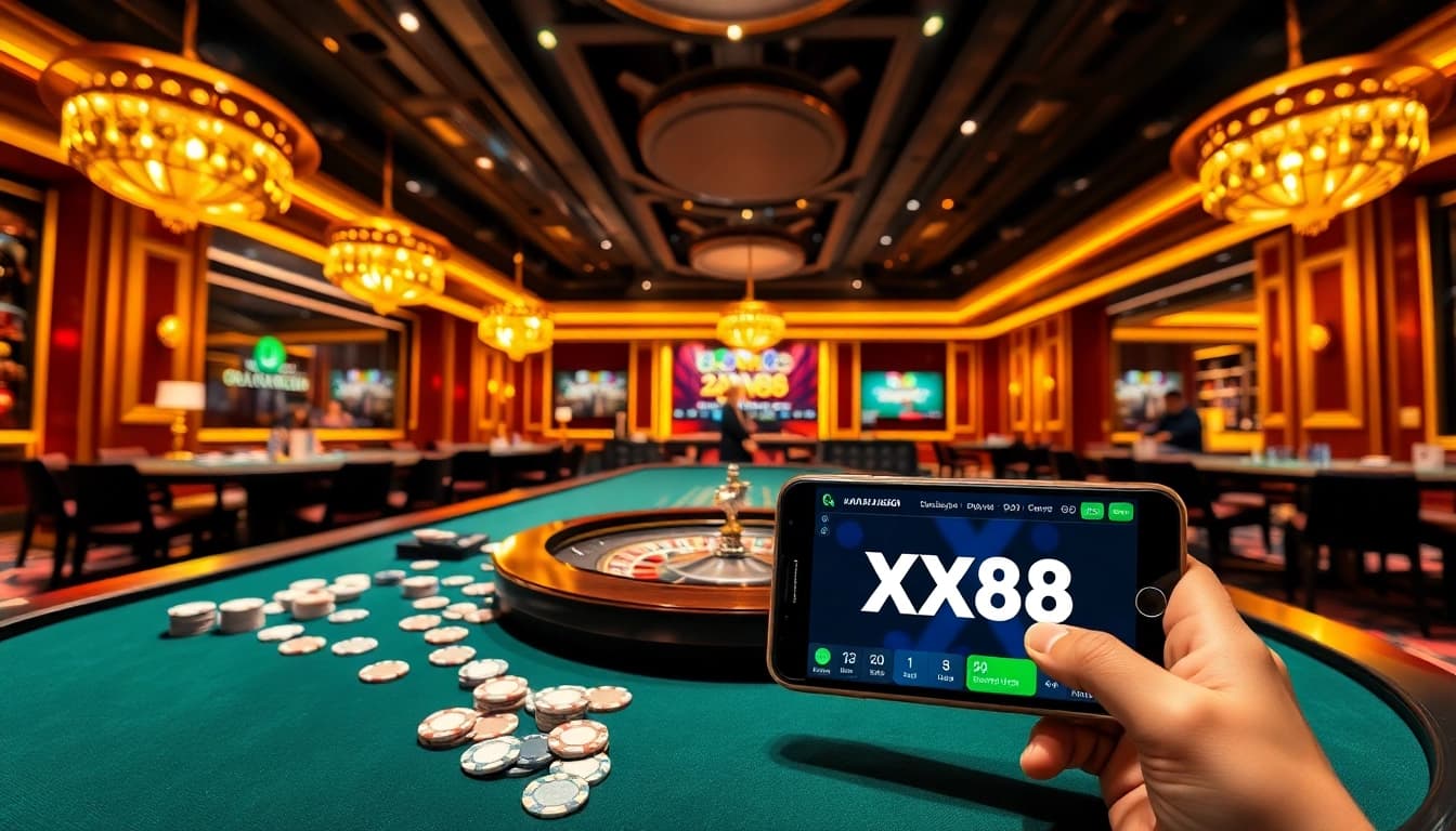 Players enjoying the thrill of XX88's online casino games at an elegantly designed poker table.