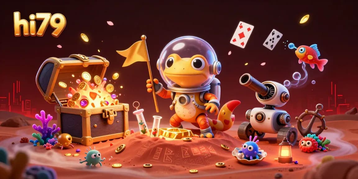 Experience the thrill of hi79 with a Martian gecko discovering a golden casino in a vibrant 3D illustration.