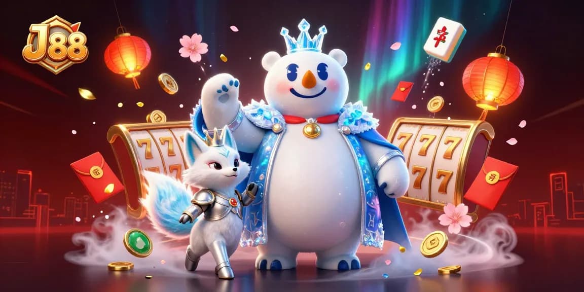Engaging 3D illustration of J 88 featuring casino elements, showcasing a polar bear and fox amid vibrant energy.