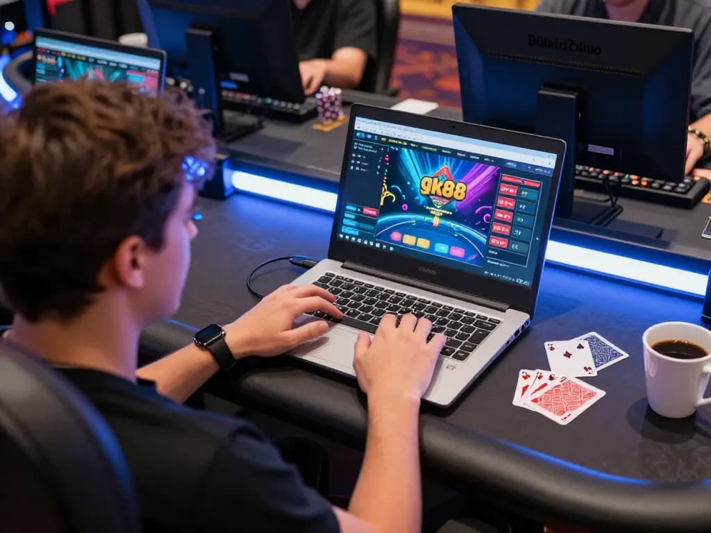 Engaging in online gk88 poker gameplay on a stylish laptop with colorful interface